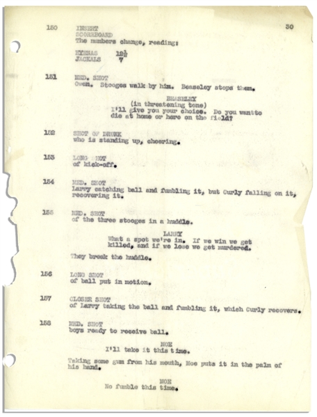 Moe Howard's 30pp. Script From October 1934 for The Three Stooges Film ''Three Little Pigskins'', Revised Pages Ending at Scene 158 -- Unbound on Onion Skin Paper, Very Good Condition